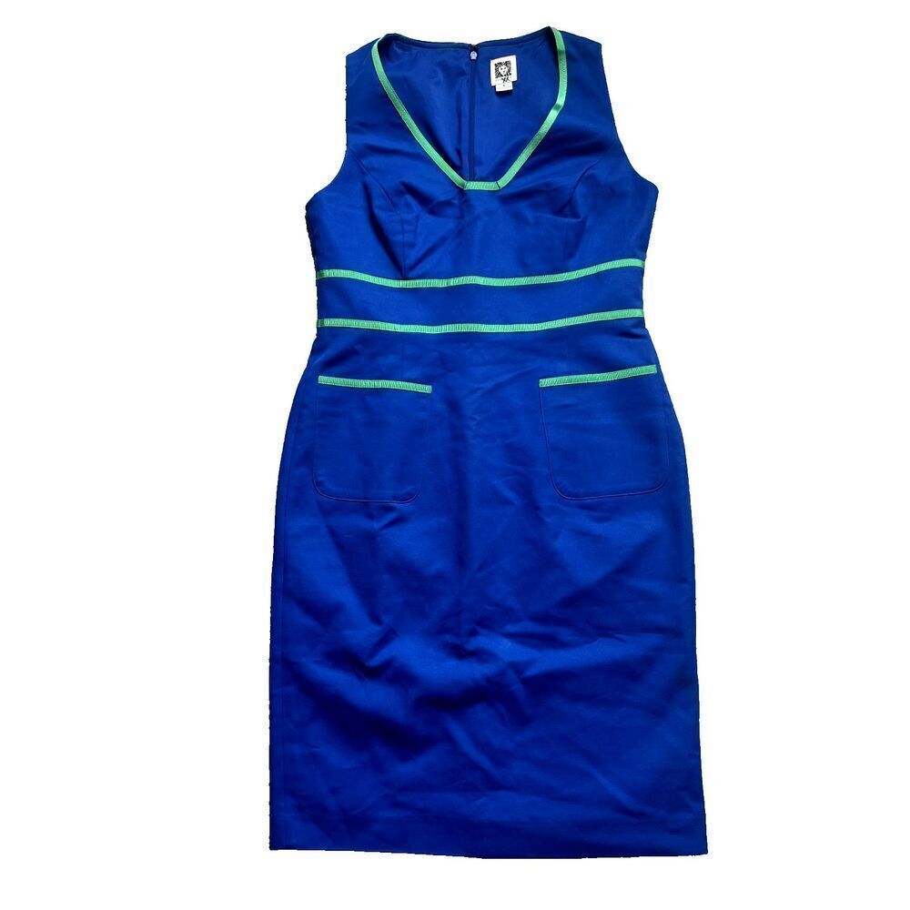 Anne Klein Sheath Dress Blue & Green Knee Length V Neck Pockets Lined Zip Size 4